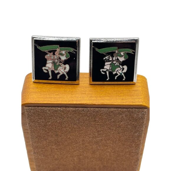 VTG Cufflinks Knight on White horse with Green flag in Silver tone Hallmarked - Picture 3 of 10